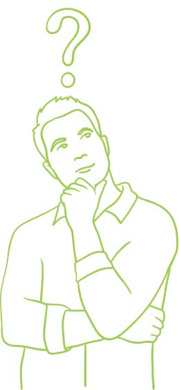 Line art of thinking man with question mark over his head