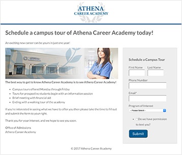 A sample landing page from a vocational education school with contact info capture
