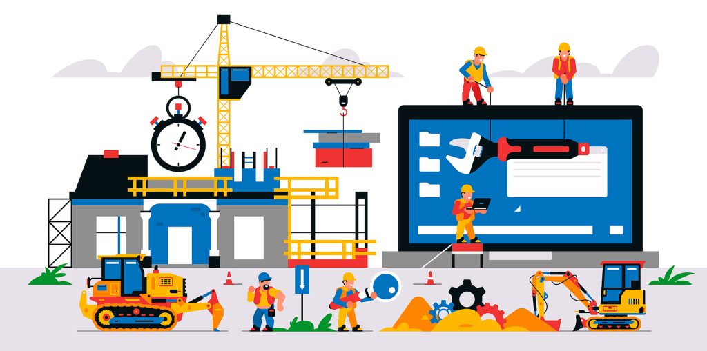 Website Development At A Construction Site. Vector Illustration