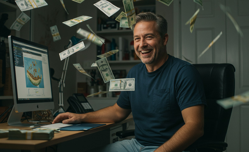 Man smiling at computer with money falling