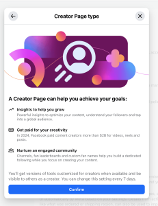 Screen shot Facebook admin interface of Creator page type
